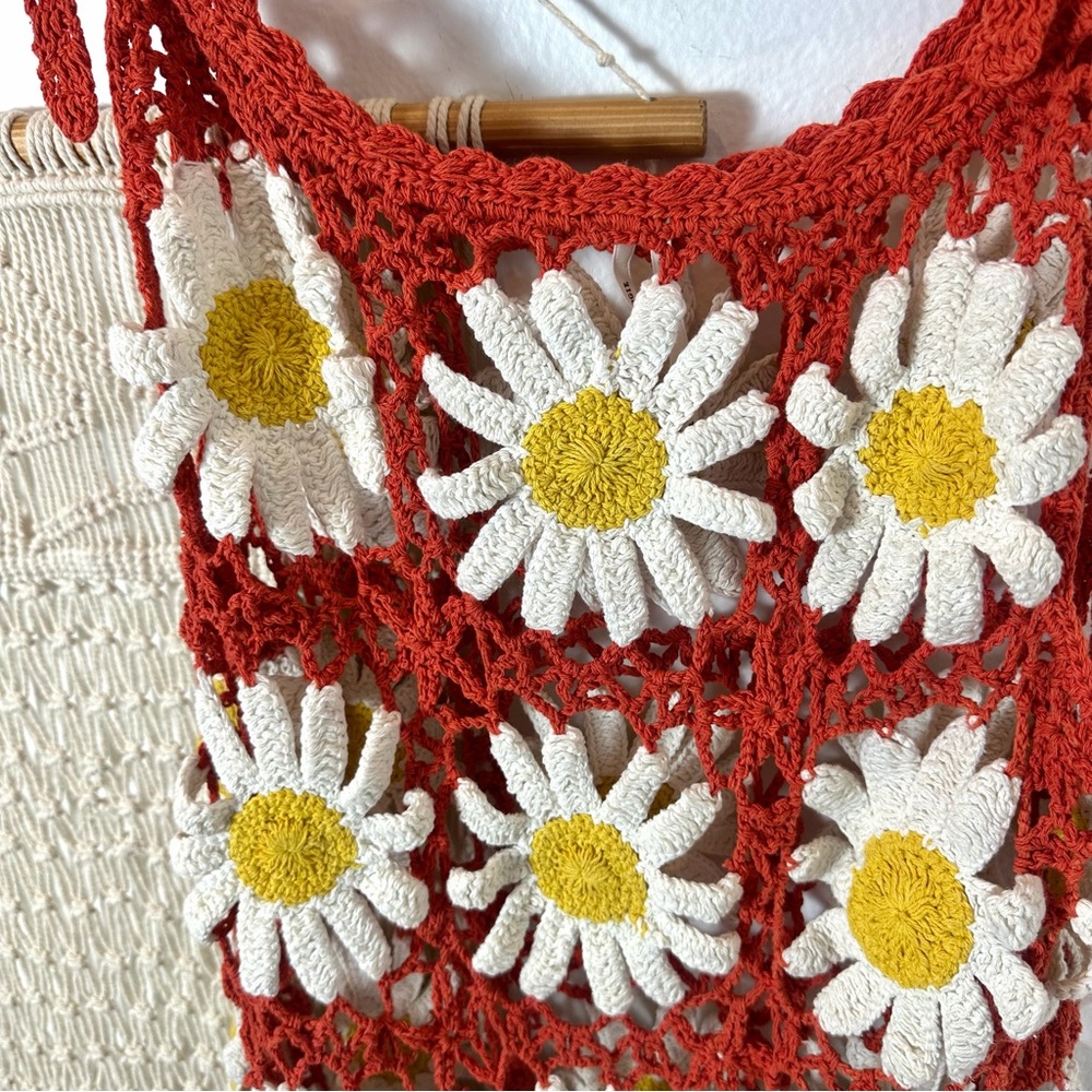 🌼 Anthropologie Floral Daisy Orange White Sun Flower Crochet Beach Dress M/L - Picture 8 of 10